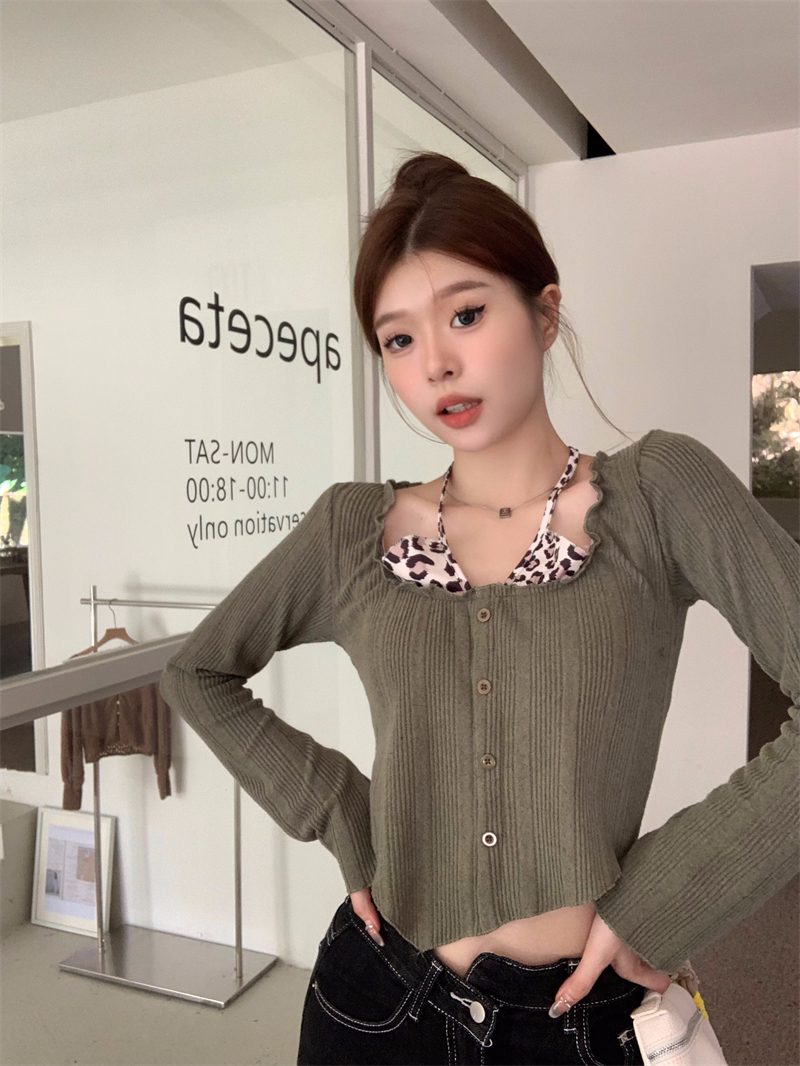 實拍 秋冬短款設計感辣妹豹紋拼接掛脖假兩件長袖T恤上衣女
