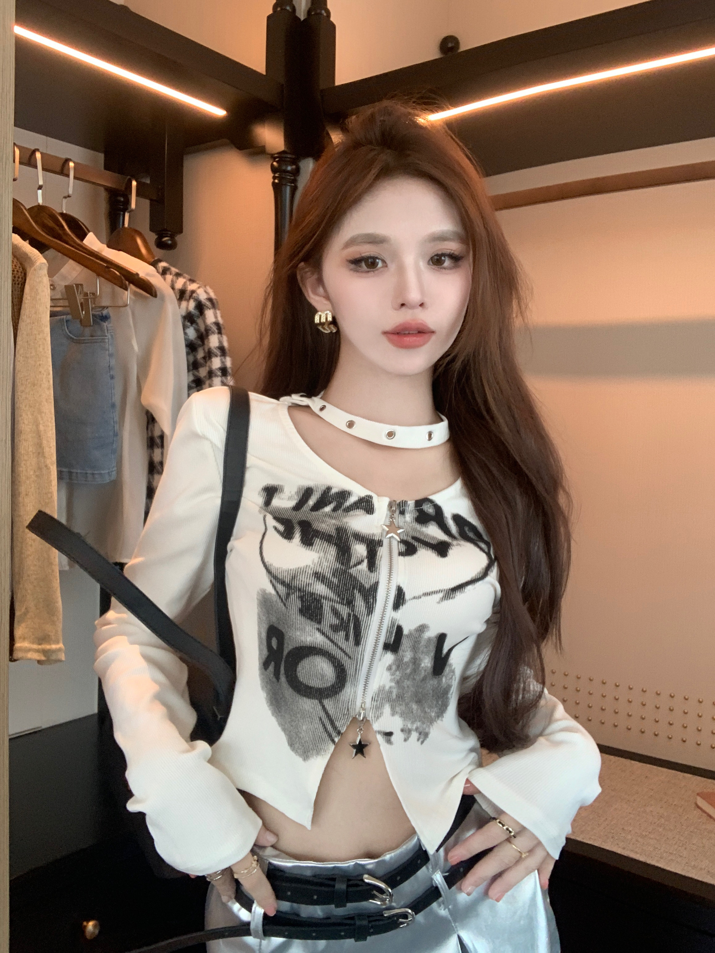 Pure Desire Autumn Slim One Shoulder Retro Halter Knitted T-Shirt New Long Sleeve Top Female Hot Girl Design