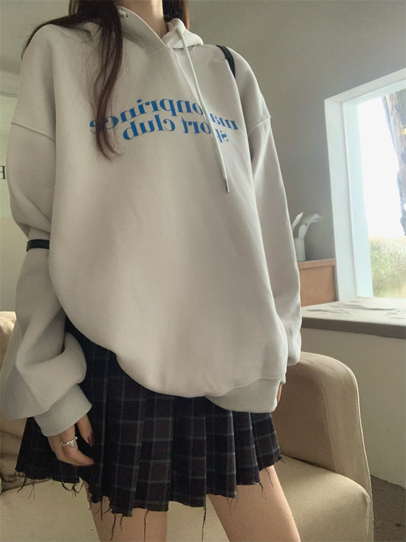 實拍 秋冬美式復古字母印花寬鬆加厚圓領套頭連帽衛衣女