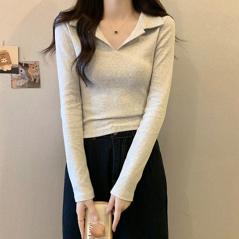 Real shot of polo shirt, right shoulder long-sleeved T-shirt for women, autumn and winter lapel solid color inner wear, slim short high-waisted top