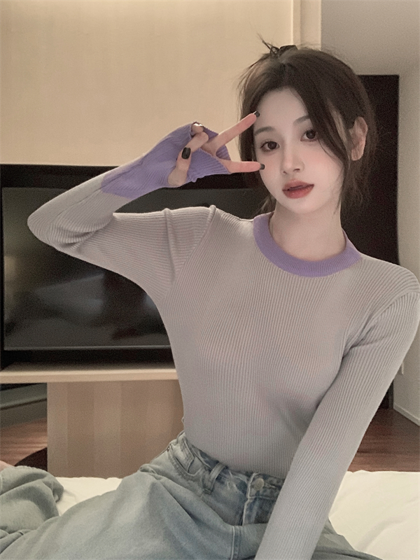 Real shot 2023ins Korean contrasting color long-sleeved finger anti-freeze extended design sweater women's slim bottoming shirt