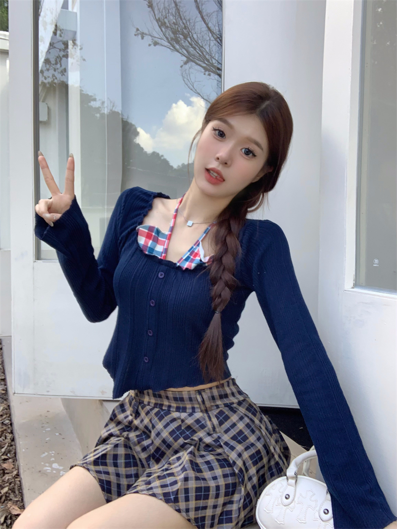 實拍 秋冬短款設計感辣妹豹紋拼接掛脖假兩件長袖T恤上衣女