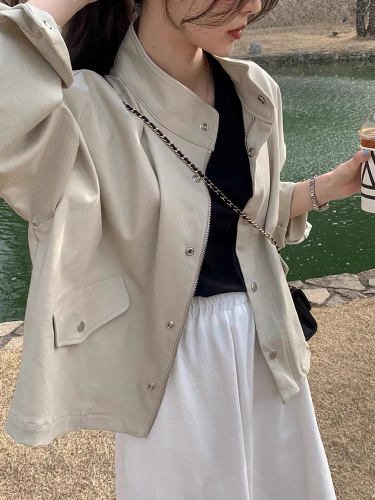 韓國chic秋裝復古帥氣女翻領拉鏈設計寬鬆潮長袖機車服PU皮衣外套
