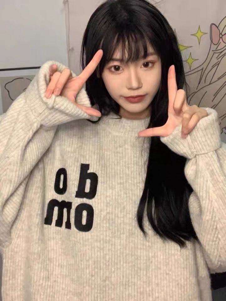 易夢玲同款毛衣字母刺繡寬鬆慵懶風針織衫套頭中領秋冬女