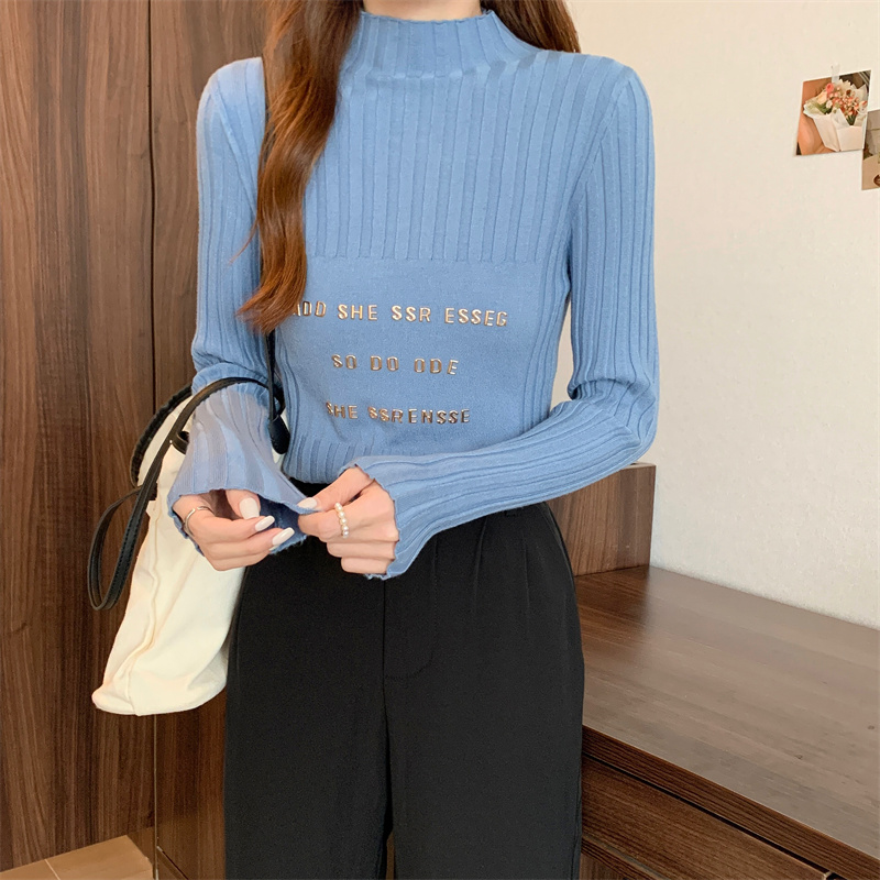 實拍半高領套頭修身純色針織衫女長袖韓版純色上衣