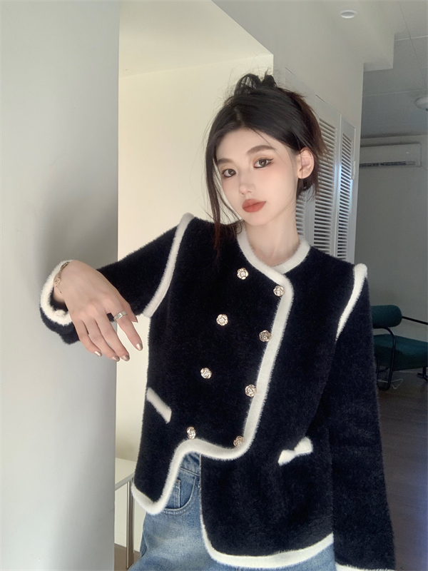 實拍 加厚秋冬新款小香風別致設計感毛絨外套短款外搭開衫