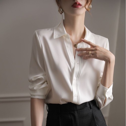 White shirt women's long sleeve spring and autumn women's design niche silk satin acetate shirt high-end top