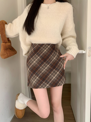 Real shot ~ Large size fat mm autumn and winter woolen plaid skirt high waist slimming versatile plaid a-line skirt