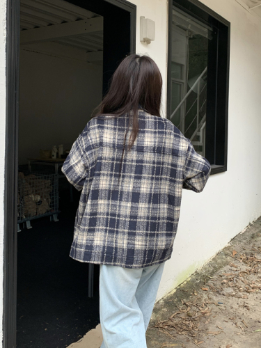 Real shot ~ Large size fat mm American retro plaid jacket for women loose and versatile lapel plaid jacket top