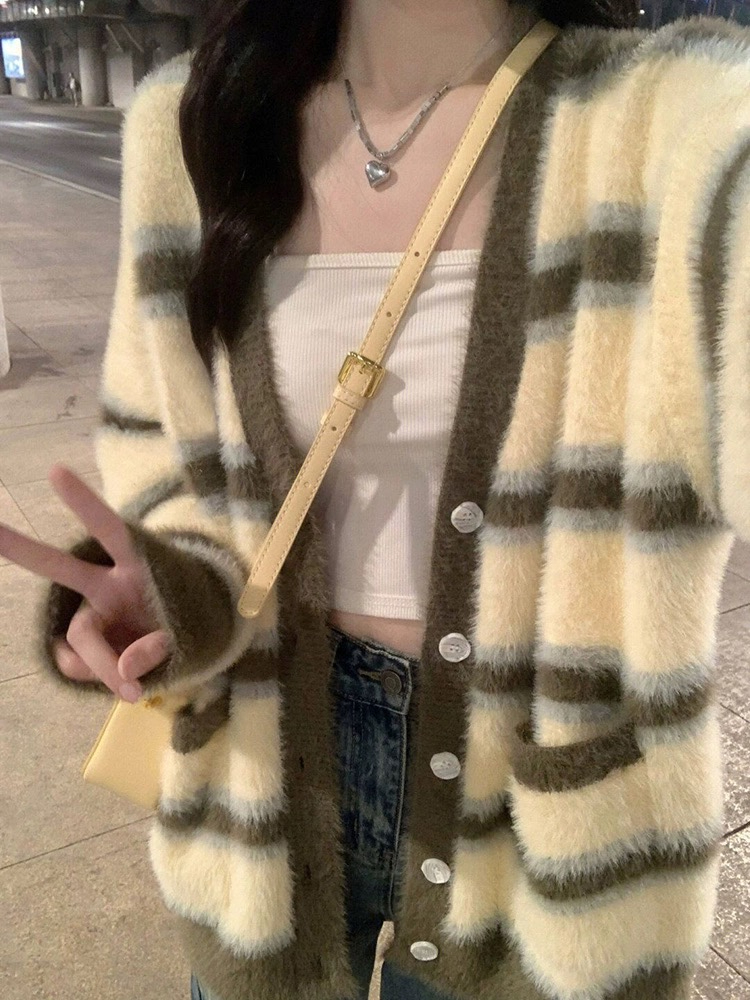 仿貂 軟糯條紋毛衣外套女秋冬新款溫柔慵懶風日系復古針織