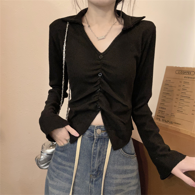Real shot of pure lust style Polo collar sweater for autumn women with design sense of slim hot girl pleated long-sleeved top