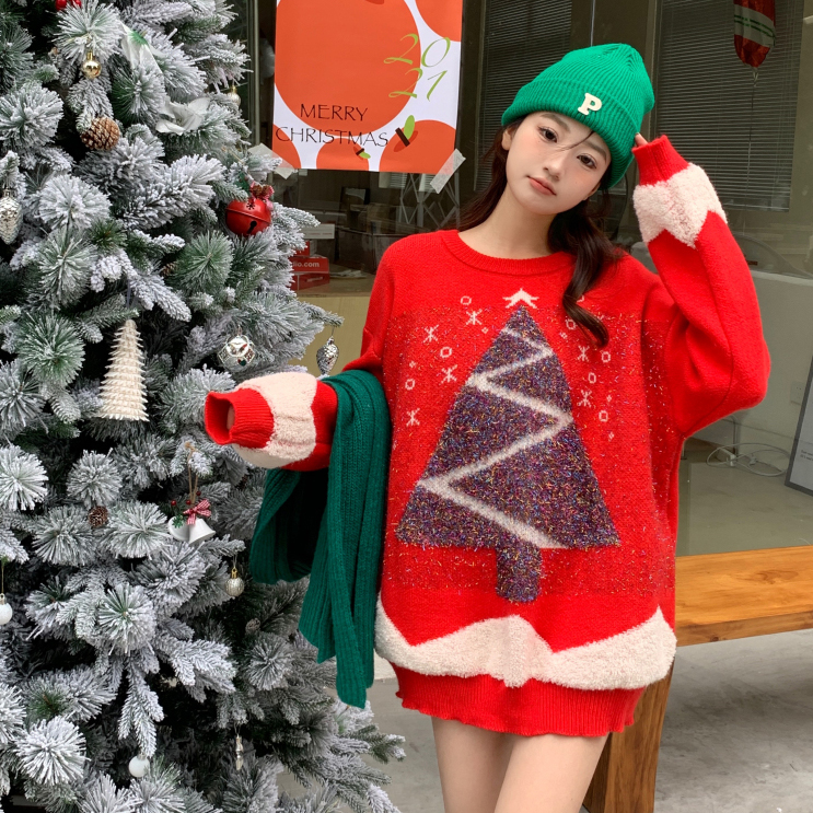 實拍2023年新款女裝冬季聖誕毛衣加厚學院目前大碼寬鬆中長款