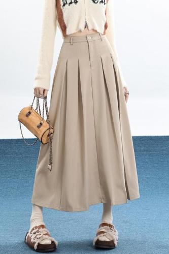 Real shot of khaki high-waisted mid-length pleated skirt for women 2023 autumn and winter new a-line skirt umbrella skirt