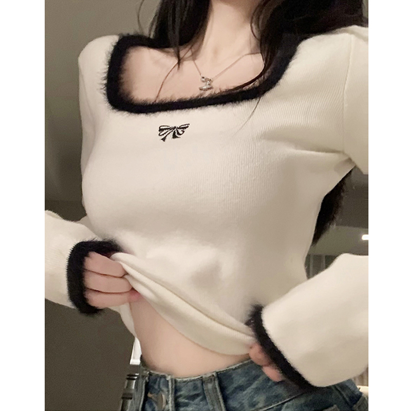 螺紋德絨高級感女秋冬內搭打底衫奶系修身短款長袖上衣