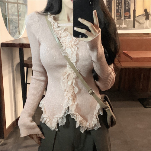 Actual shot~Fine shimmering lace top with ceiling in autumn and winter, square neck long-sleeved knitted bottoming shirt for women