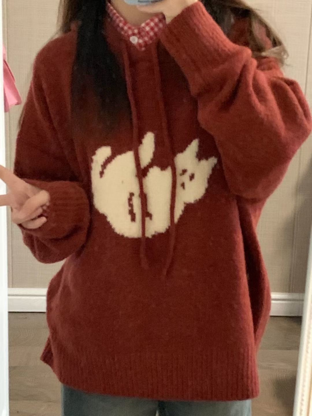 日系復古卡通貓咪提花連帽毛衣女秋冬寬鬆慵懶風軟糯針織衫上衣潮
