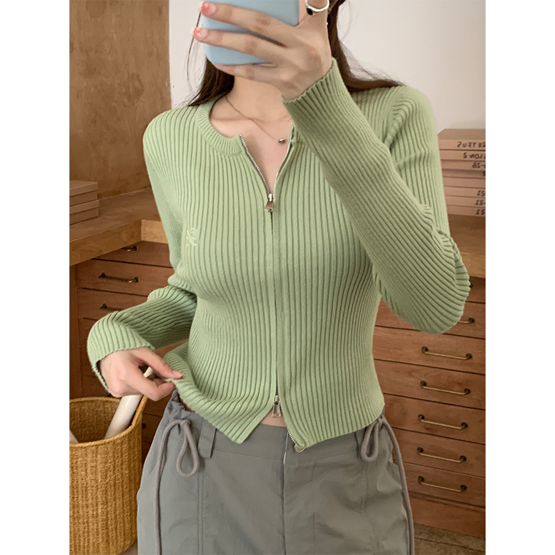 Real shot of Korean style retro double-ended zipper knitted cardigan for women early autumn round neck inner sweater jacket 2023 new style