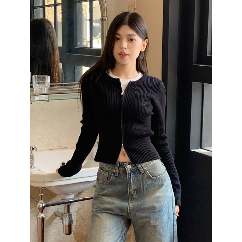 Real shot of Korean style retro double-ended zipper knitted cardigan for women early autumn round neck inner sweater jacket  new style