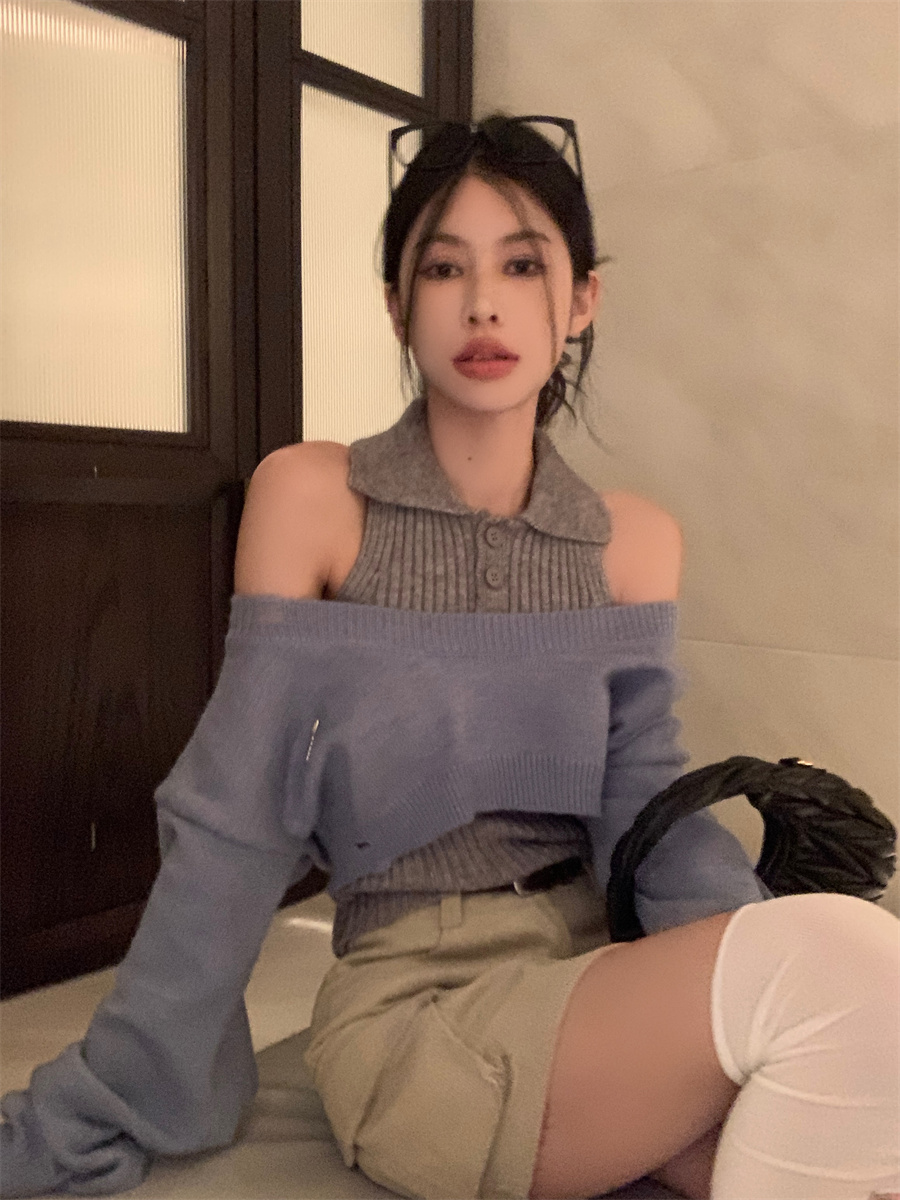 實拍 減齡百搭圓領針織衫+polo領背心兩件套女