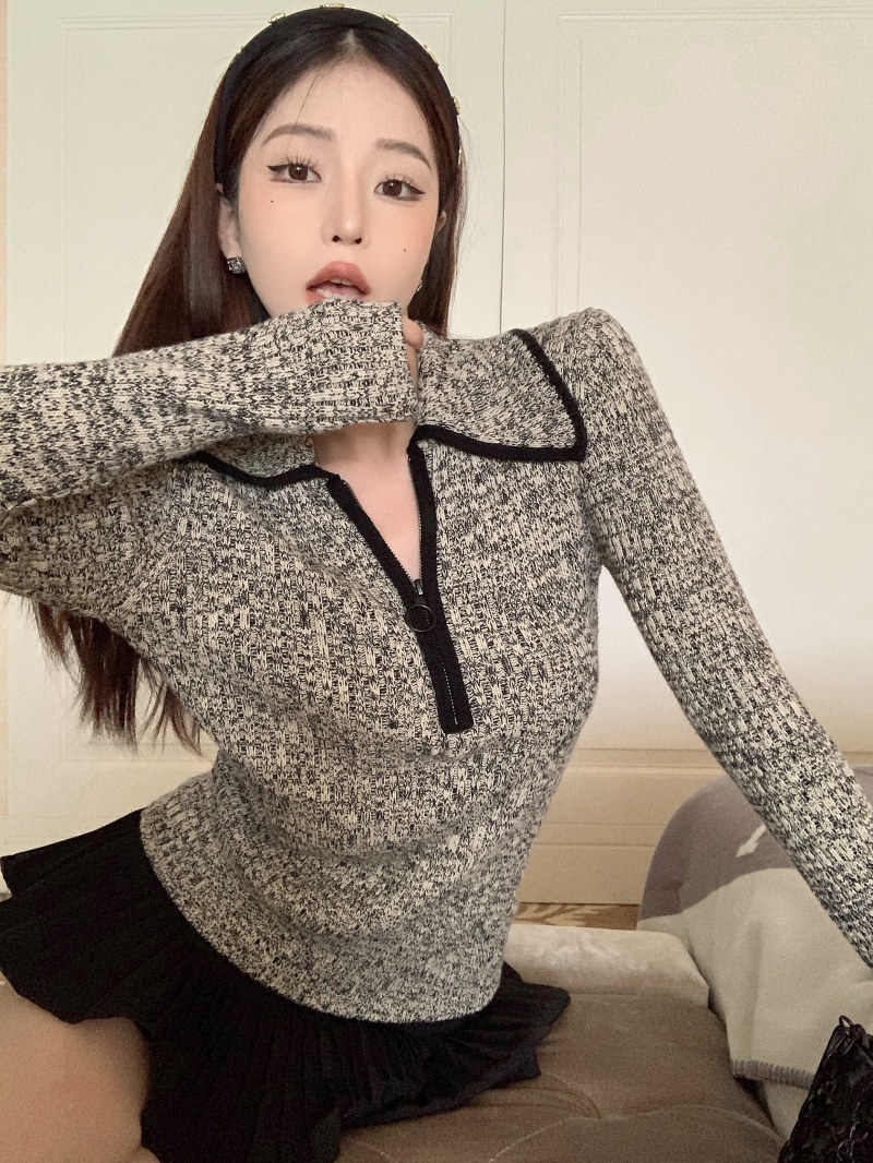 實拍 乖乖牌拉鏈翻領針織上衣女秋冬長袖內搭打底針織衫