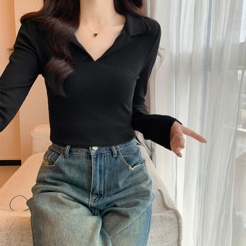 Real shot of polo shirt, right shoulder long-sleeved T-shirt for women, autumn and winter lapel solid color inner wear, slim short high-waisted top