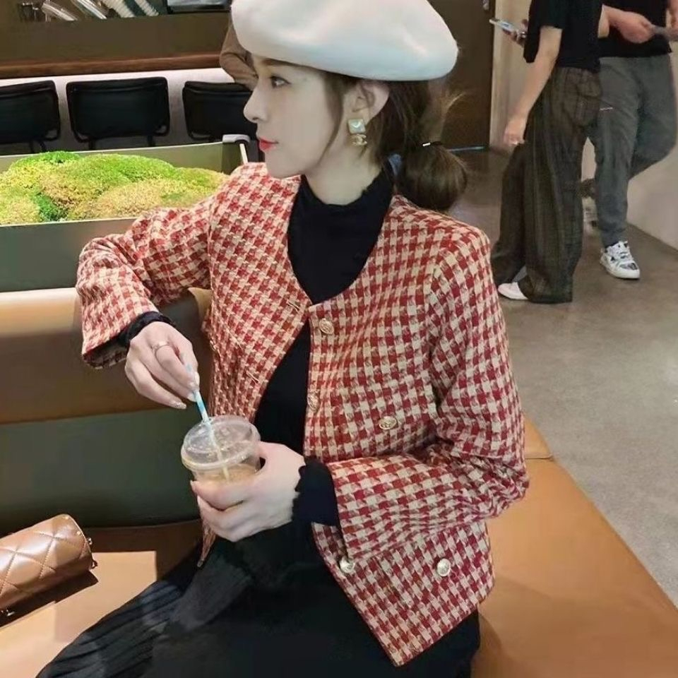 2023新款秋冬季英倫復古西裝短款長袖上衣女千鳥格小香風短款外套