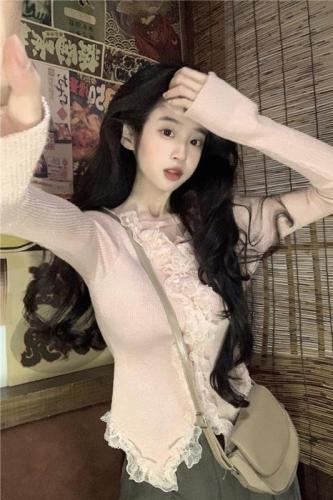 Actual shot~Fine shimmering lace top with ceiling in autumn and winter, square neck long-sleeved knitted bottoming shirt for women