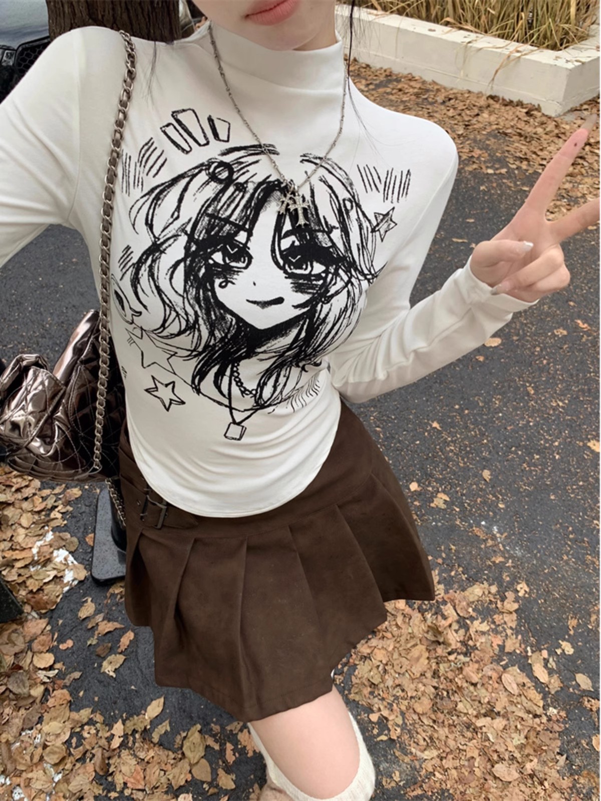 官圖 半高領長袖T恤女秋季韓版2023新款卡通印花修身上衣