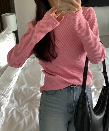 INS Korea Dongdaemun!  Gentle pink sweet girl pit stripe slimming versatile long-sleeved bottoming shirt T-shirt inner layer