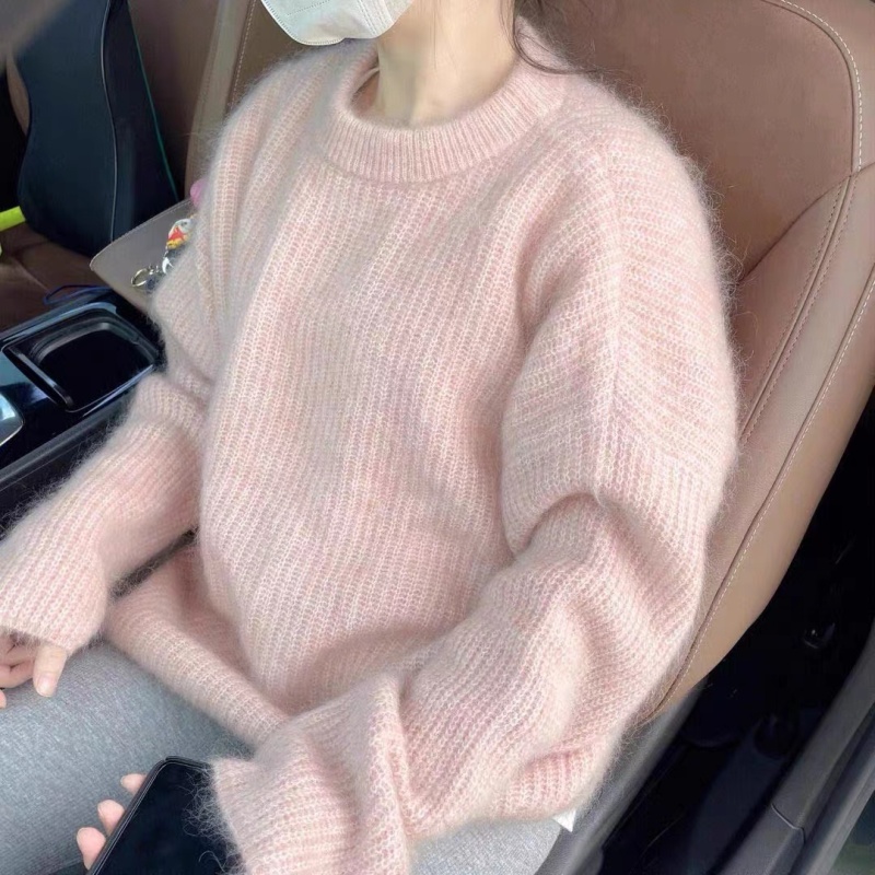 高級感超好看歐貨寬鬆慵懶粉色針織毛衣甜美減齡小香風秋冬季女裝