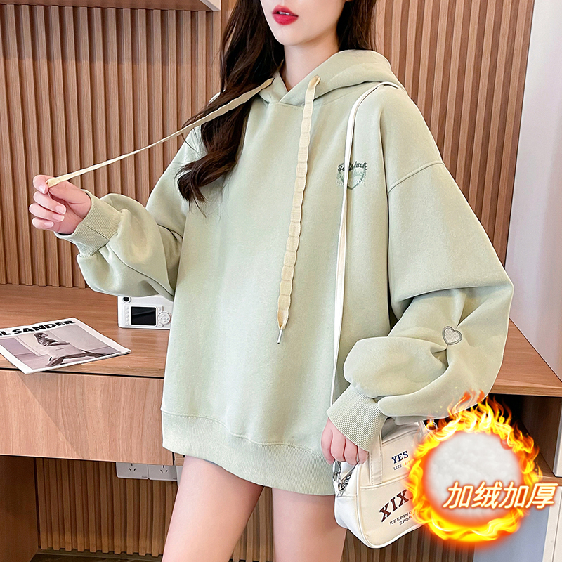 實拍純棉華棉複合銀狐絨加厚加絨寬鬆韓版中長款連帽衛衣女冬