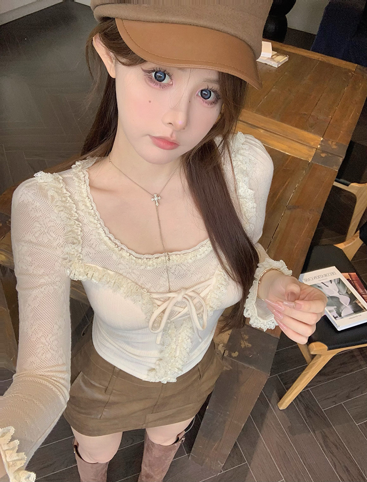 實拍 法式古典彈力提花木耳邊蕾絲針織打底衫女