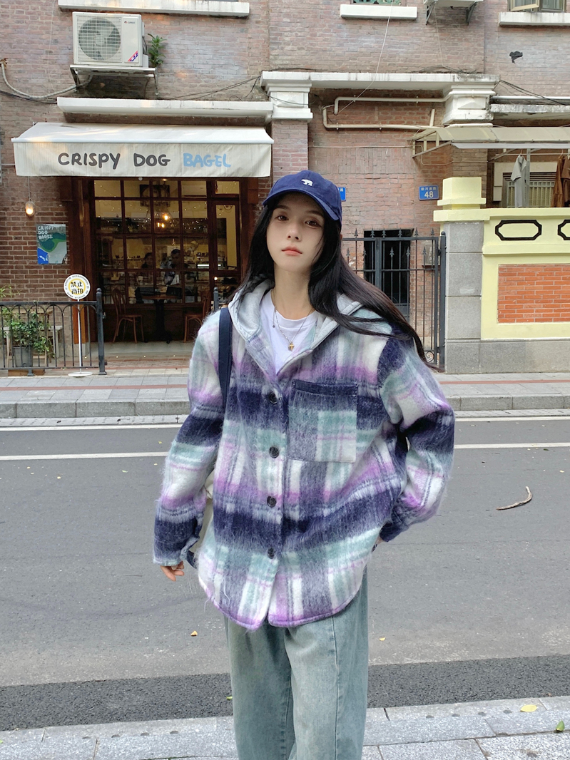 實拍 雙層內里秋冬長毛呢紫色格紋外套女新款設計感寬鬆連帽上衣