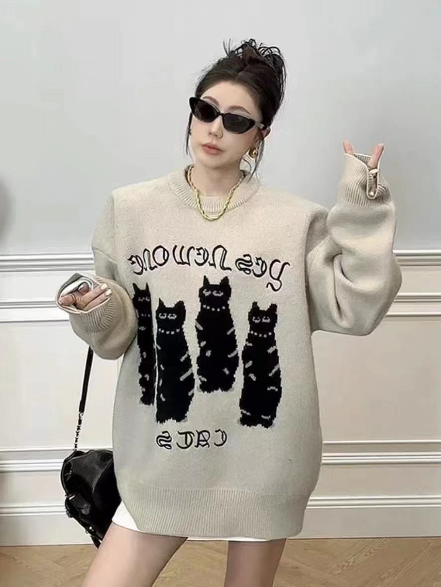 新款刺繡顯瘦 韓版寬鬆慵懶貓咪提花字母毛衣女秋冬