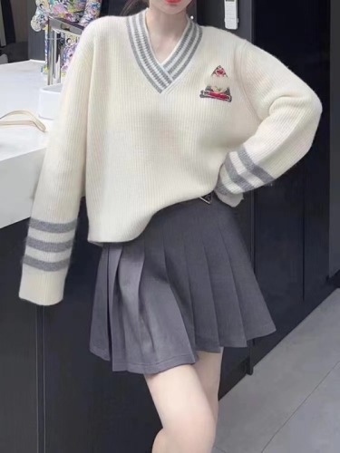 学院风撞色宽松毛衣女秋季新款欧货慵懒风气质减龄羊毛针织衫
