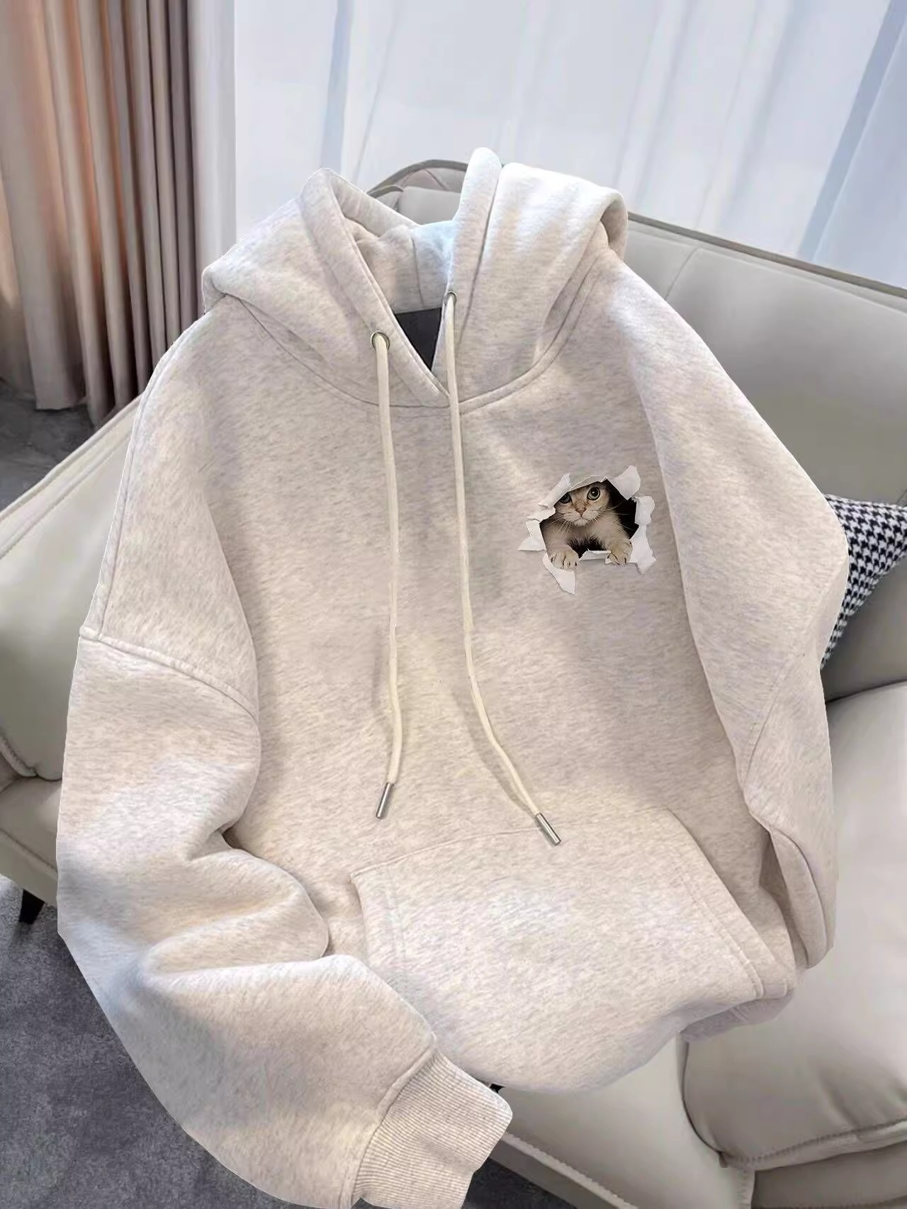 CVC cotton pasta wool Chinese cotton composite/milk silk 320g silver fox velvet 400g front and back printed hooded sweatshirt for women