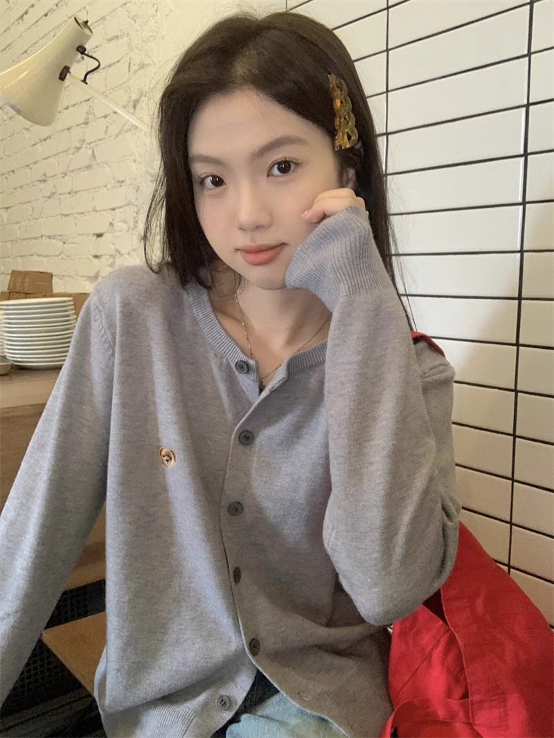 小熊刺繡毛衣外套外穿長袖針織開衫韓系溫柔風上衣