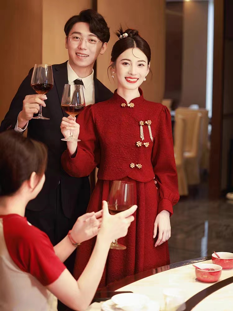 新中式旗袍敬酒服新娘紅色兩件套秋冬長袖回門連衣裙套裝訂婚禮服