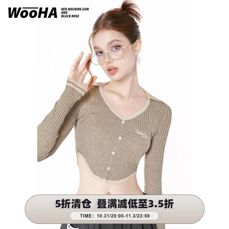 WooHa/吾哈新款露腰上衣坑條修身顯瘦純欲性感短款內搭針織衫女