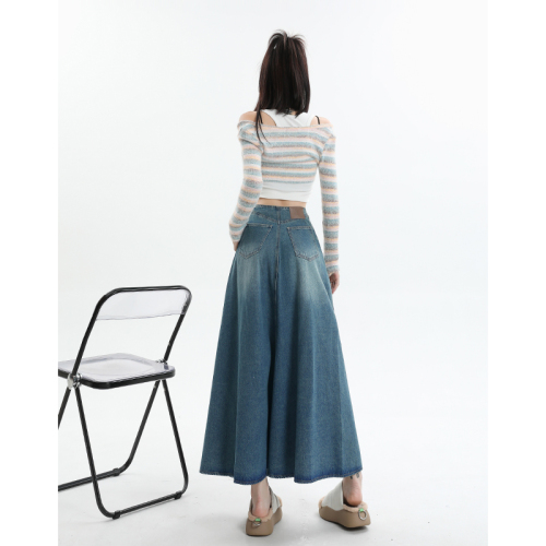 Real shot of retro washed denim skirt for women, autumn A-line large skirt, spliced ​​mid-length skirt