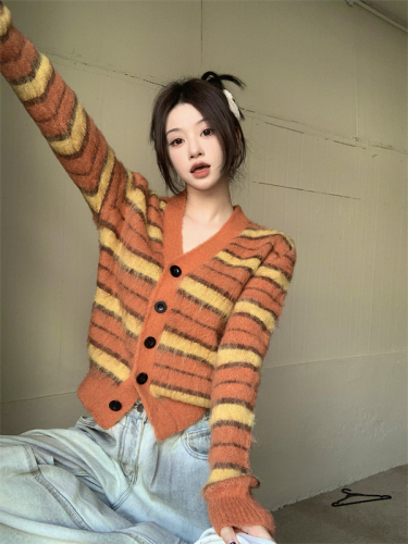 Real shot V-neck striped sweater jacket winter  new furry thickened loose contrast color sweater