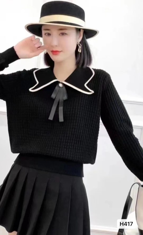 秋冬新款韓版時尚別致娃娃領蝴蝶結格紋顯瘦長袖上衣女