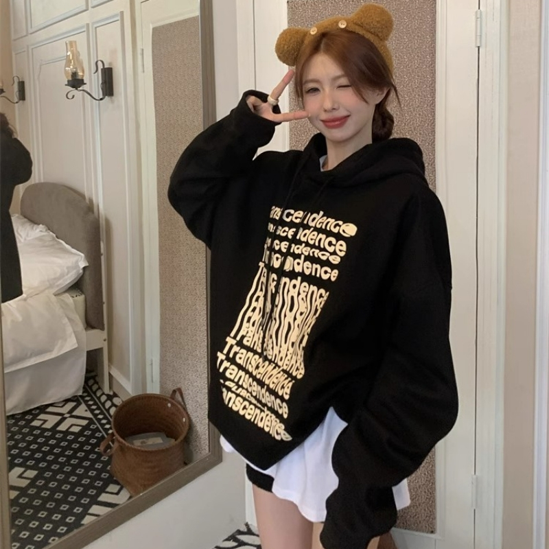 2023美式字母印花連帽衛衣女2023冬季oversize中長款學生上衣