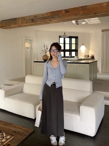 Wu 77 Soft Waist Revealed Bell Sleeve Cardigan Women's Early Autumn Temperament Strap Slim Fit Lapel Knitted Top