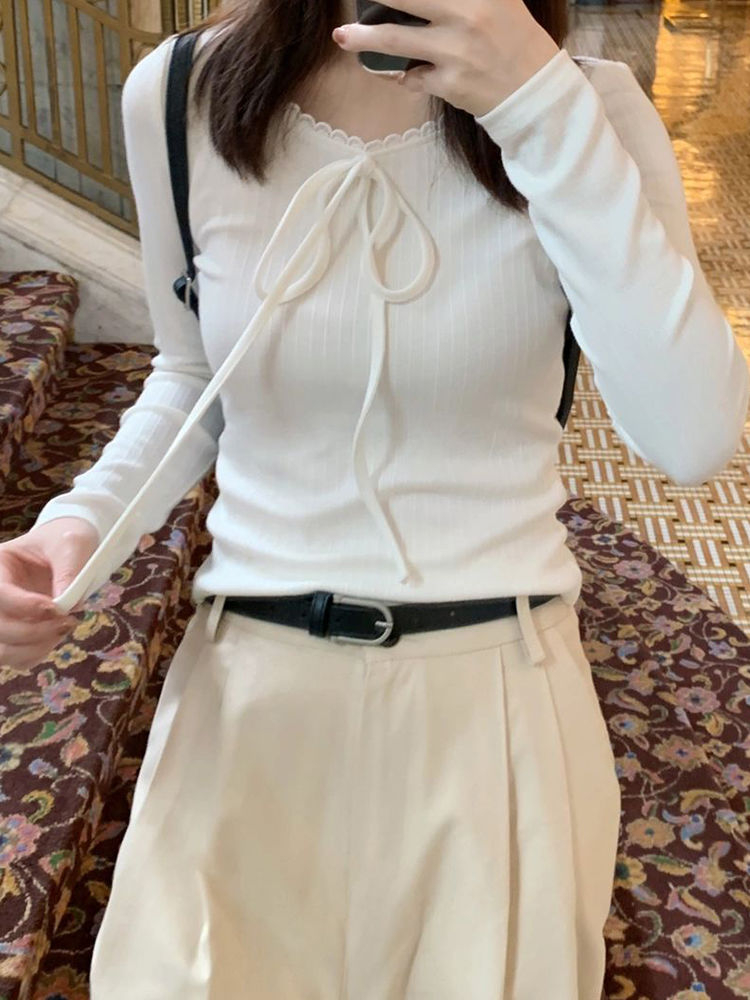 原版高彈面料韓系溫柔白色花邊圓領蝴蝶結長袖打底衫秋冬新款