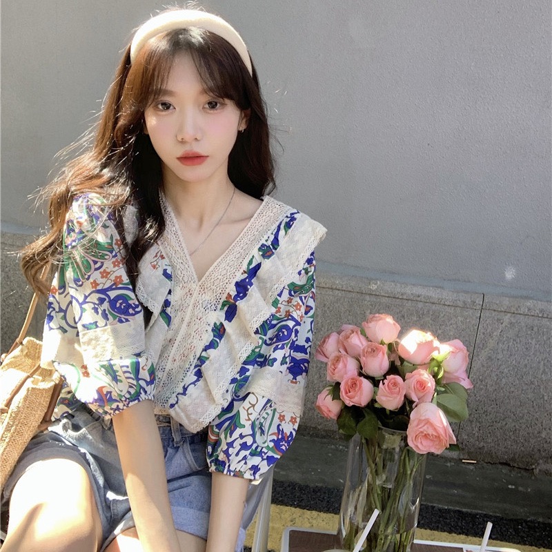 泡泡袖碎花襯衫女設計感小眾上衣2023年新款寬鬆洋氣短袖襯衣