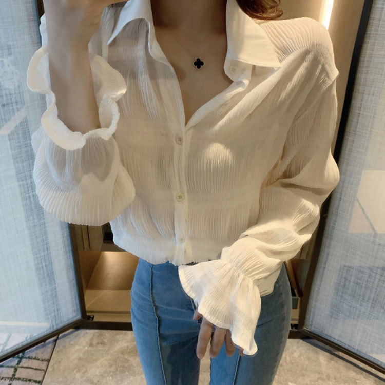 網紅少女感方領雪紡長袖襯衫女洋氣設計感小眾打底內搭小衫女上衣