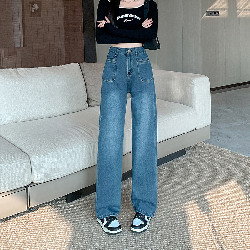實拍~垂感闊腿牛仔褲子女2023年秋季新款高腰顯瘦直筒褲港風