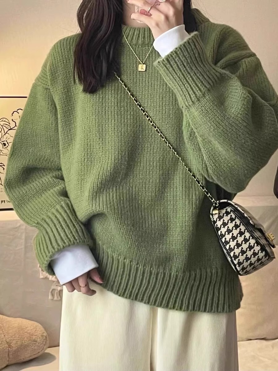 綿羊絨#2023新款綠色套頭毛衣女秋冬厚復古日系慵懶風內搭針織衫