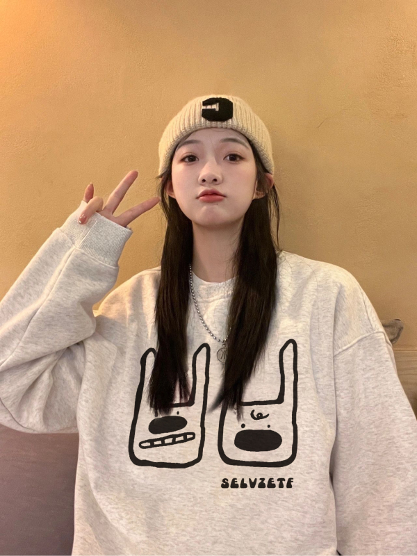 美式復古灰色圓領套頭衛衣女春秋加絨設計感小眾寬鬆無帽上衣冬季